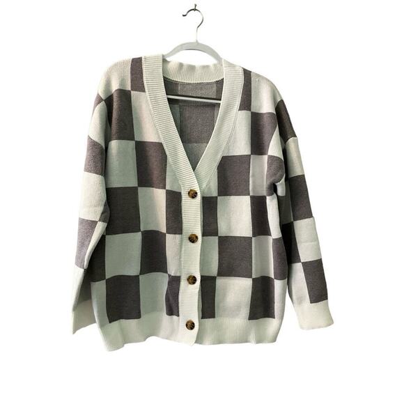 Women's L Cardigan Sweater White/Gray Checkered Dropped Shoulder Button-Detail - Picture 1 of 3